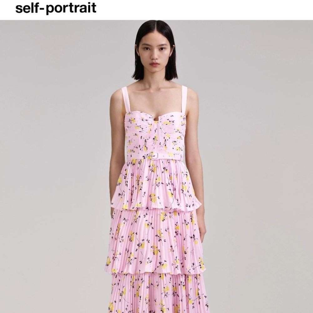 NWT - Self-Portrait Pink Floral Print Tiered Midi Dress – US 6 // UK 10